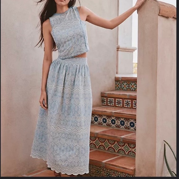 LOFT Dresses & Skirts - LOFT‎ Two Piece Blue White Floral Embroidered Scalloped Cotton Set NWT- Sz 10/12